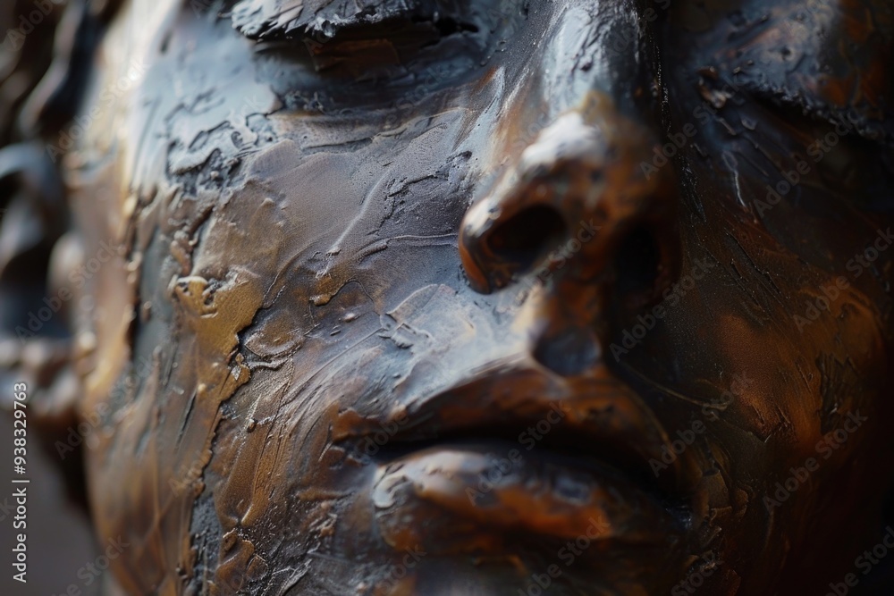 Poster a detailed view of a bronze statue featuring a man's face, perfect for use in historical or artistic