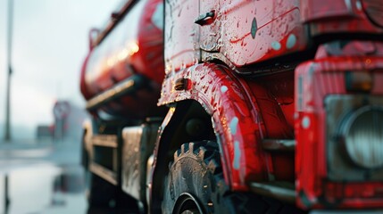 Fototapeta premium A red pickup truck parked on the edge of a road, possibly awaiting maintenance or repair