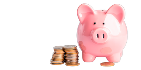 Pink piggy bank surrounded by scattered coins, isolated on a white background with a transparent background. Concept: saving money and financial planning. Suitable for finance, banking, and budgeting 