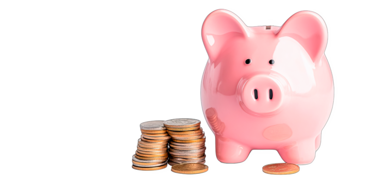 Pink piggy bank surrounded by scattered coins, isolated on a white background with a transparent background. Concept: saving money and financial planning. Suitable for finance, banking, and budgeting 