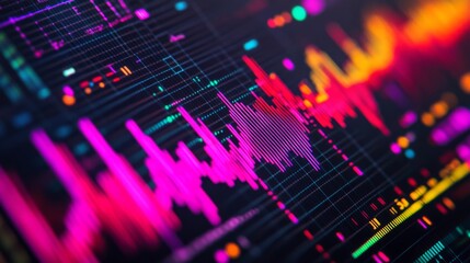 Obraz premium Close-up of a digital oscilloscope screen displaying vibrant electrical waveforms and signal patterns