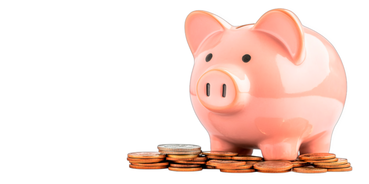 Pink piggy bank surrounded by scattered coins, isolated on a white background with a transparent background. Concept: saving money and financial planning. Suitable for finance, banking, and budgeting 