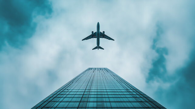 photograph of an airplane flying over the top of a building, taken from below while looking up at the sky, in the style of Unsplash photography
