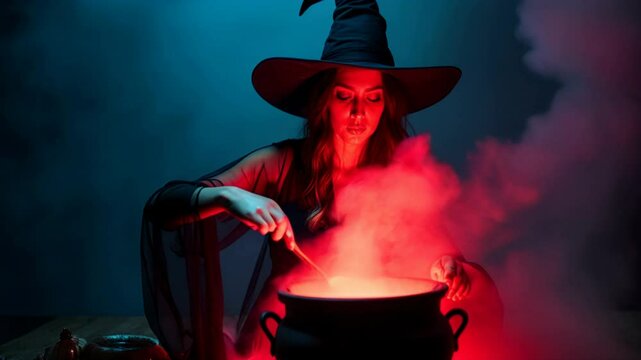 Halloween scene. A witch brews her potion in a cauldron for Halloween.