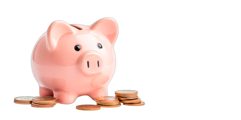 Pink piggy bank surrounded by scattered coins, isolated on a white background with a transparent background. Concept: saving money and financial planning. Suitable for finance, banking, and budgeting 