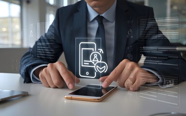 A photo of a businessman doing due diligence. He is using his smartphone and there is a due diligence icon on the virtualscreen. 