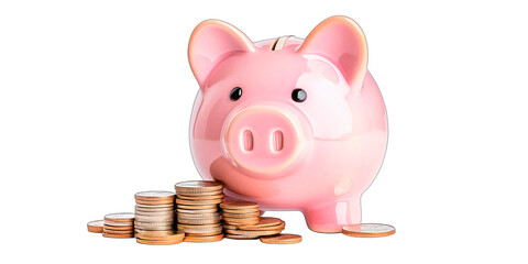 Pink piggy bank surrounded by scattered coins, isolated on a white background with a transparent background. Concept: saving money and financial planning. Suitable for finance, banking, and budgeting 