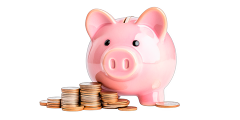 Pink piggy bank surrounded by scattered coins, isolated on a white background with a transparent background. Concept: saving money and financial planning. Suitable for finance, banking, and budgeting 