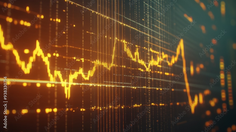Poster Close-up of a digital screen displaying a gold price chart with fluctuating lines and data points, reflecting market trends