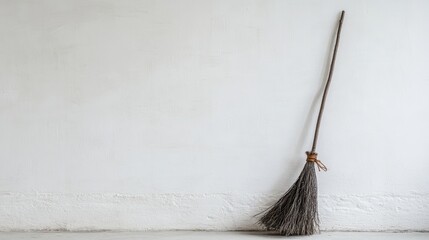 Enchanting Witch's Broomstick Resting Against Wall on White Background