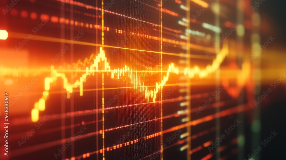 Poster Close-up of a digital screen displaying a gold price chart with fluctuating lines and data points, reflecting market trends