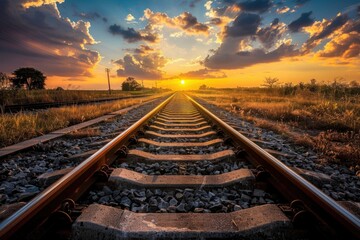 Fototapeta premium A train track with a beautiful sunset in the background