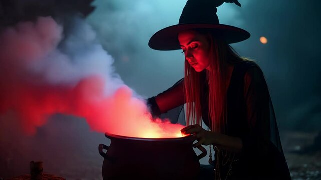 Halloween scene. A witch brews her potion in a cauldron for Halloween.