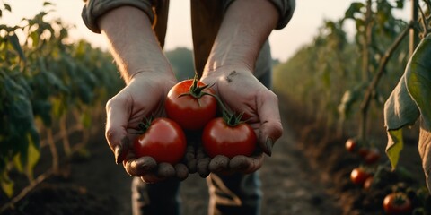 Fototapeta premium Hands with tomatoes against field. Harvesting vegetables