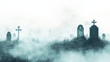 Eerie Graveyard Atmosphere with Tombstones and Fog on White Background
