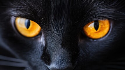 Intense Stare of a Black Cat: Mesmerizing Glowing Eyes in Close-up on White Background