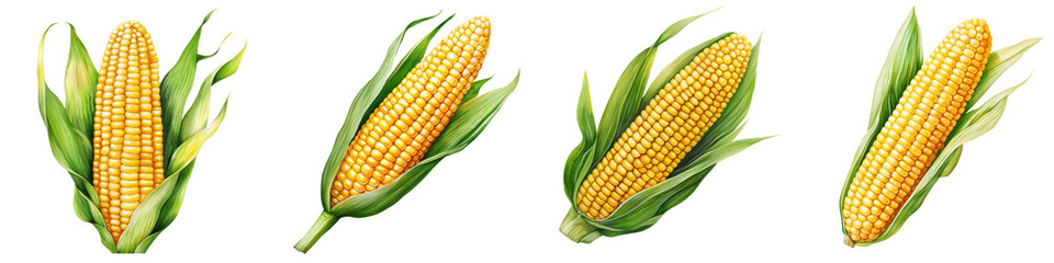 Four vibrant corn cobs with green husks, showcasing the freshness and beauty of nature's produce.