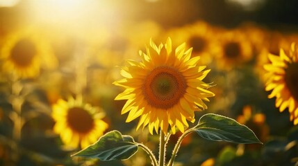 Fototapeta premium Close-up of a field of blooming sunflowers, with the sun casting a warm glow on their bright yellow petals