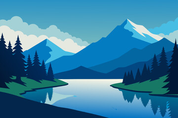 Serene Mountain Lake Framed by Lush Trees and Grass art vector illustration