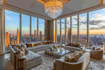 Luxurious penthouse living room with skyline views at sunset in a city