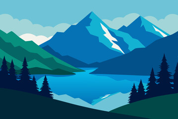 Fototapeta premium Serene Mountain Lake Framed by Lush Trees and Grass art vector illustration
