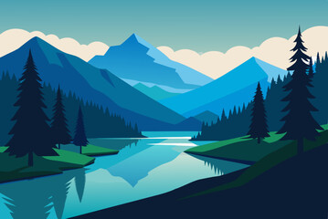 Serene Mountain Lake Framed by Lush Trees and Grass art vector illustration