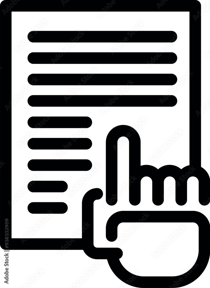 Poster hand is pointing its index at a document, representing the concept of reading