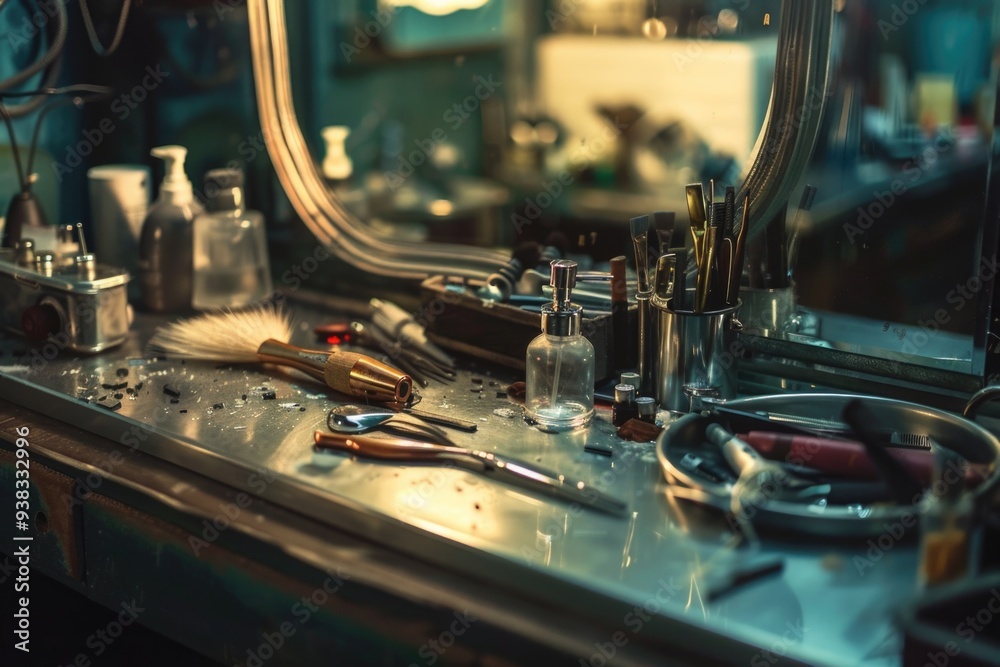 Poster a wooden vanity with various tools and equipment stored inside