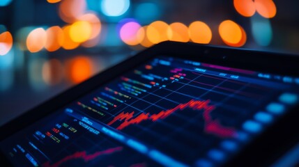 Obraz premium Close-up of a financial dashboard showing real-time stock prices and line graphs on a tablet
