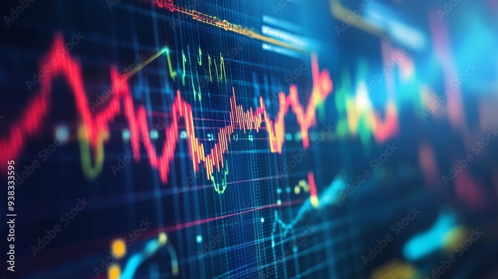 Aufkleber close-up of a financial graph with fluctuating stock market trends and colorful line charts on a dig