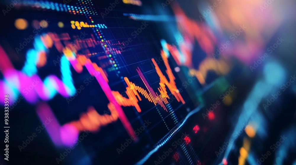 Aufkleber close-up of a financial graph with fluctuating stock market trends and colorful line charts on a dig