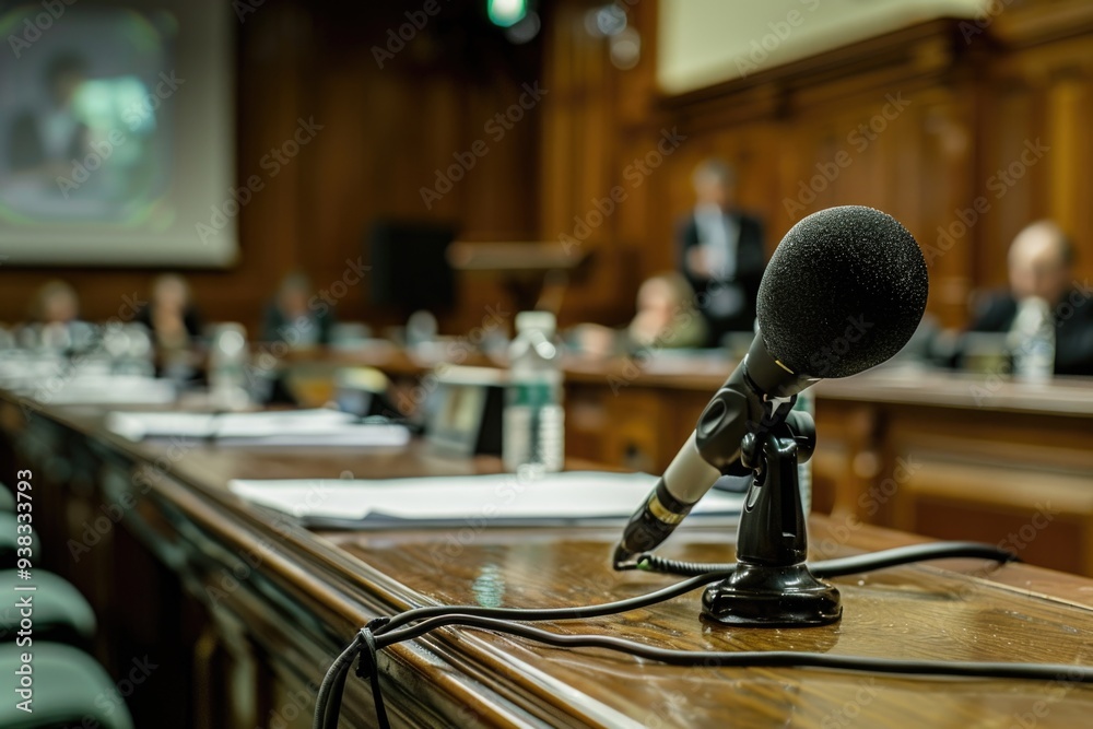 Poster A single microphone placed on a wooden surface with a simple background