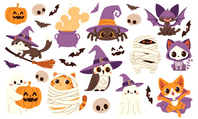 Vector set of cute Halloween illustrations. Cats in different costumes mummy spider ghosts dracula witch owl bat skeletons pumpkin. . Vector illustration