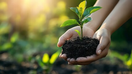 Close-up of hands holding a small green plant with soil.