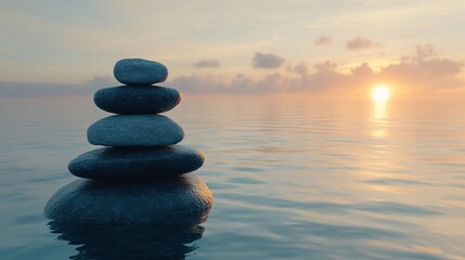 Stack of dark stones podium in calm ocean with evening sun with horizon - tranquil scenery