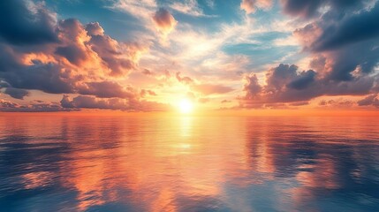 Fototapeta premium Vivid sunset with dramatic clouds above the ocean ideal for crafting striking coastal wallpaper designs