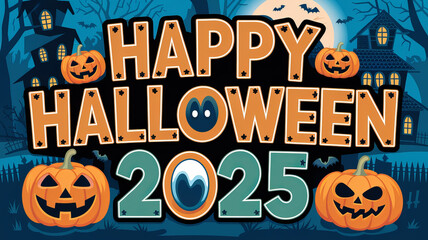 Happy Halloween 2025 greeting with pumpkins and haunted houses.