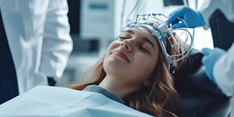 Modern neurological health, brainwave treatment, cutting-edge medical technology, futuristic clinic, high-tech neurology lab, advanced brainwave therapy