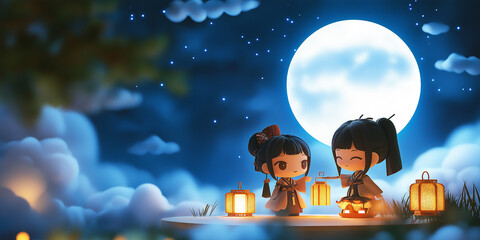 Cute characters with lanterns under the moon, Mid Autumn Festival background
