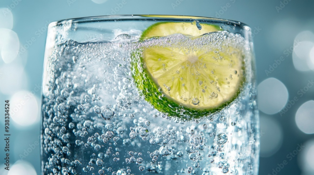Poster close-up of a frosty glass of sparkling water with bubbles and a lime wedge