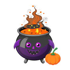 Enchanting Witch's Cauldron in Playful Purple and Orange Colors - Adorable Cartoon Illustration Ideal for Children's Halloween Theme with a Friendly and Quirky Design, Perfect for Festive Celebrations