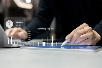 close up executive hand use pencil to check and write about summary report annual and quater with virtual interface of chart and graph and statistic on dashboard for business improvement concept
