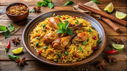 Plate of delicious chicken biryani with aromatic spices and herbs, plate, Indian, culinary, food, homemade, meal, herbs, dish, biryani, savory, cuisine, wide-angle, fragrant, rice