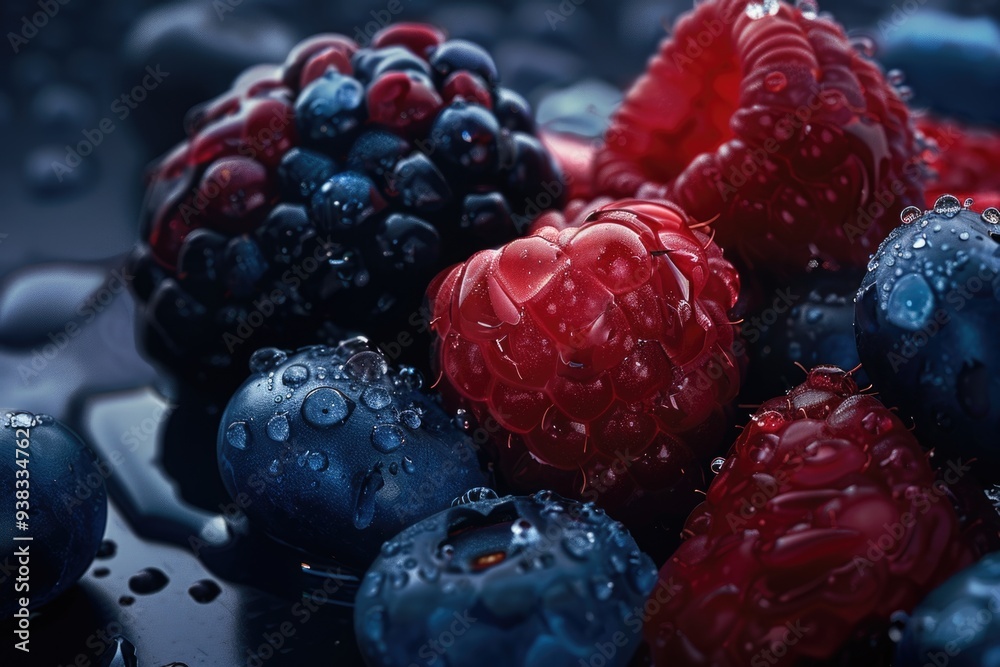 Poster a selection of fresh berries in a colorful bowl, perfect for snacking or decorating