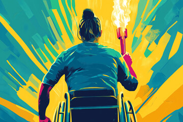 Paralympians in a wheelchair with an Olympic torch, illustration