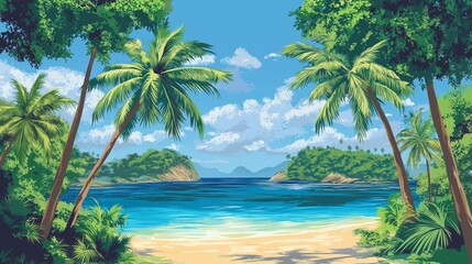 Fototapeta premium Lush tropical landscape with palm trees, a sandy beach, and a calm turquoise sea.