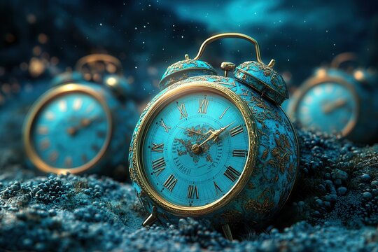 Vintage alarm clocks resting underwater, symbolizing lost time or forgotten memories in a surreal aquatic environment.