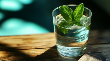 Close-up of a glass of still water with a mint leaf floating on top