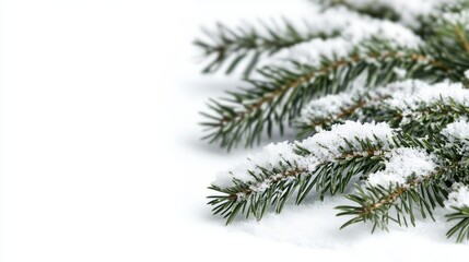Close-up of snow-covered fir branches isolated on a white background, perfect for Christmas and winter-themed designs.