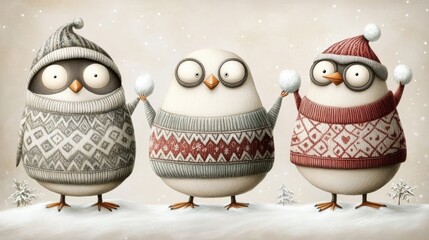 Fototapeta premium A festive snowy landscape featuring a family of penguins in Christmas sweaters engaged in a snowball fight, shown on a cheerful New Year greeting card.